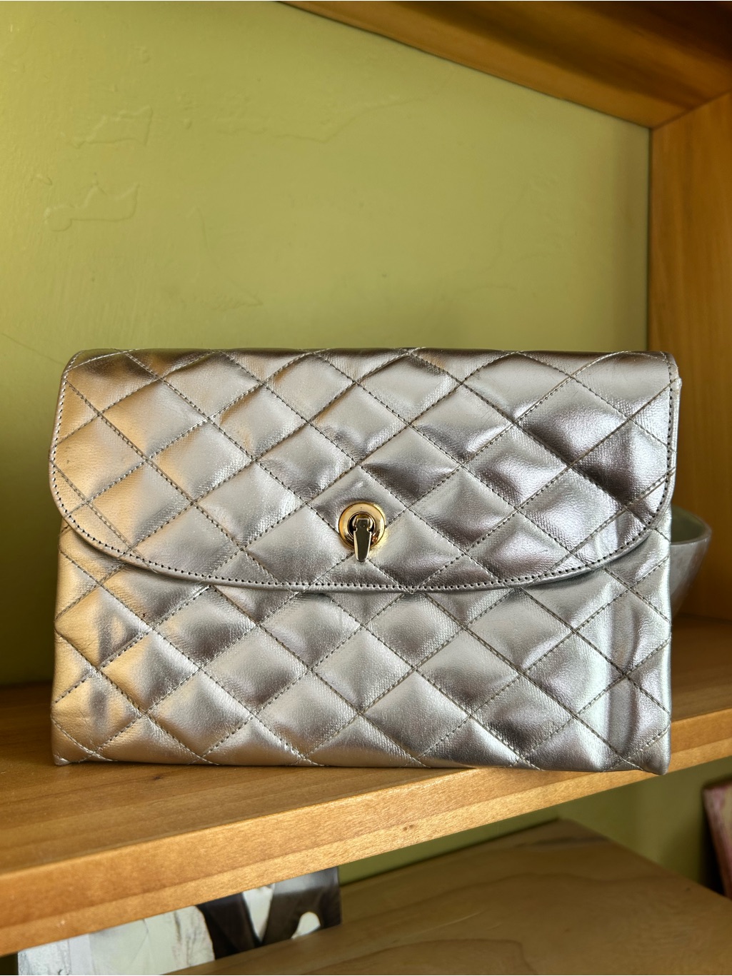 Quilted Metallic Clutch With TurnLock Closure  Silver